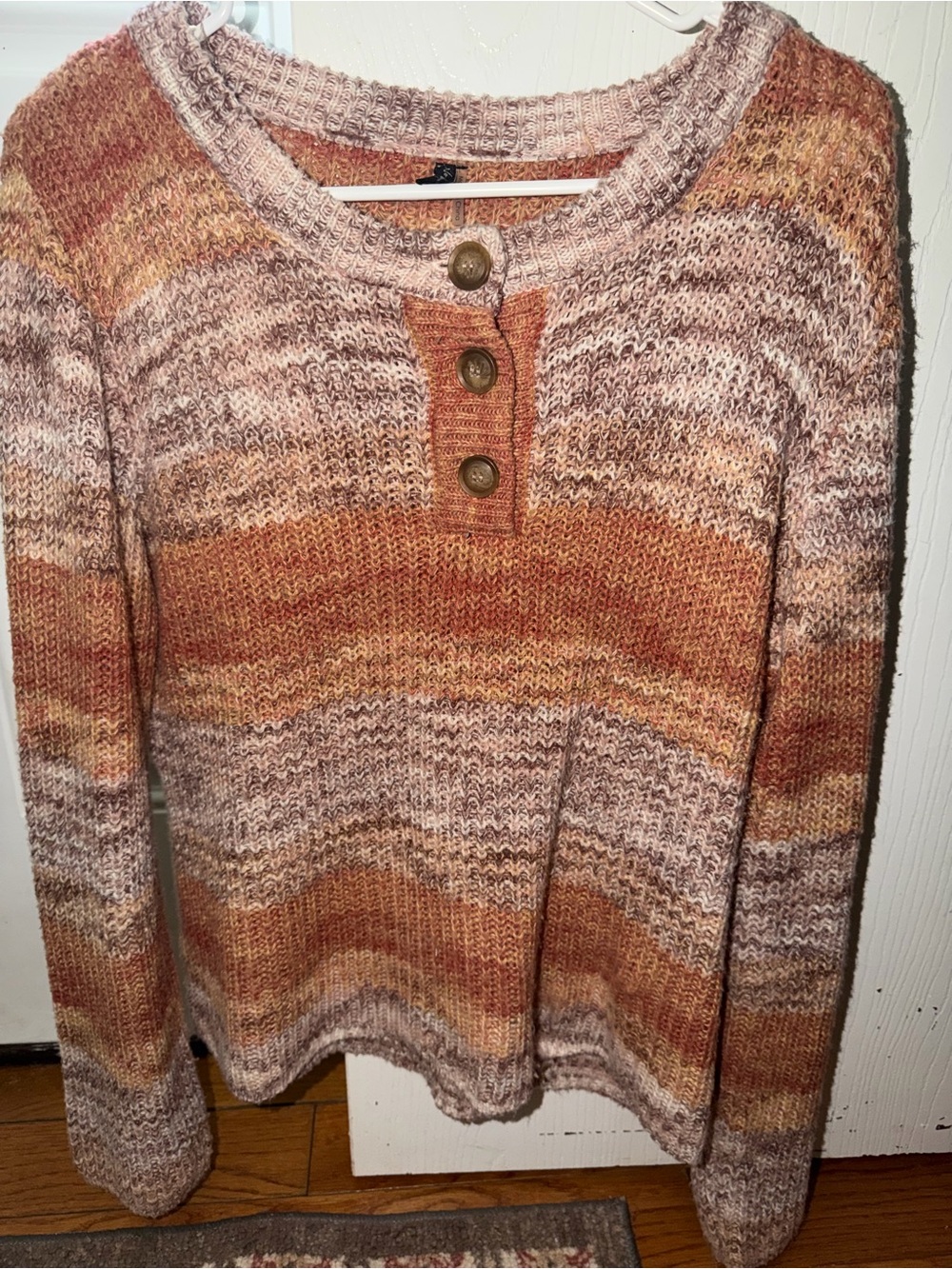 Cozy Striped Henley Sweater in Rust and Cream